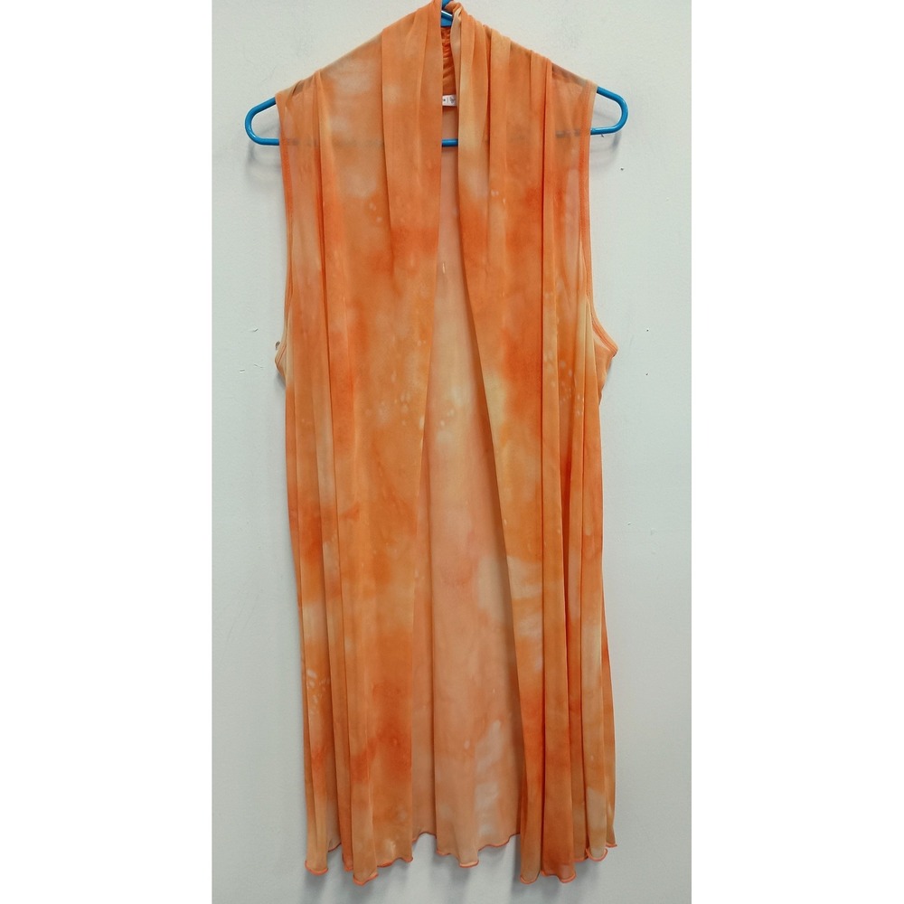 Susan Graver Cardigan Womens Medium Orange Tie Dye BOHO Mesh Sheer Sleeveless
